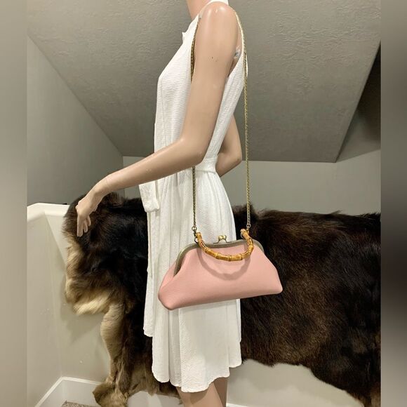 Handsewn Genuine Premium Pebble Leather Real Bamboo Handle Bag/Crossbody - Picture 7 of 14